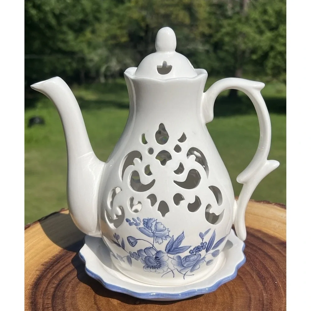 Blue White Porcelain Coffee Pot Tealight Fairy Light Lantern Pierced Floral